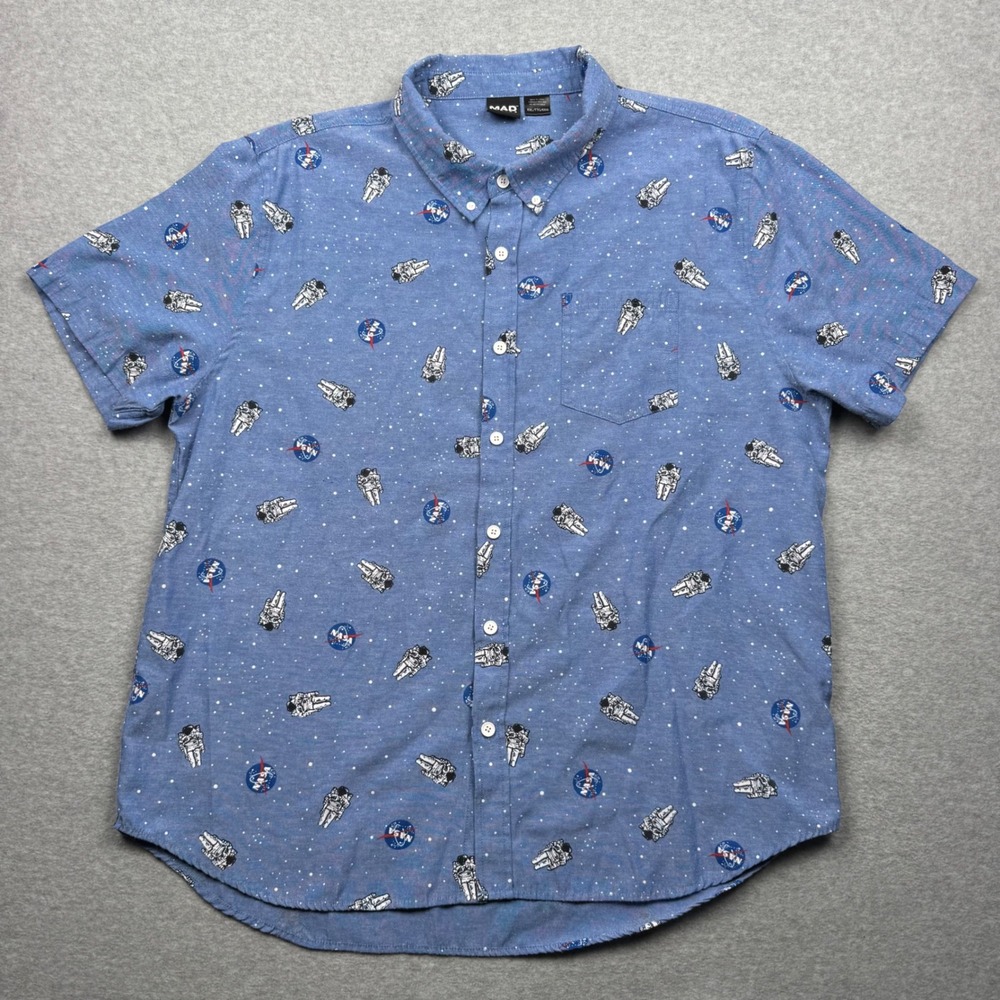 Mad Engine NASA Astronaut Space Print Button Down Shirt Blue Mens XXL